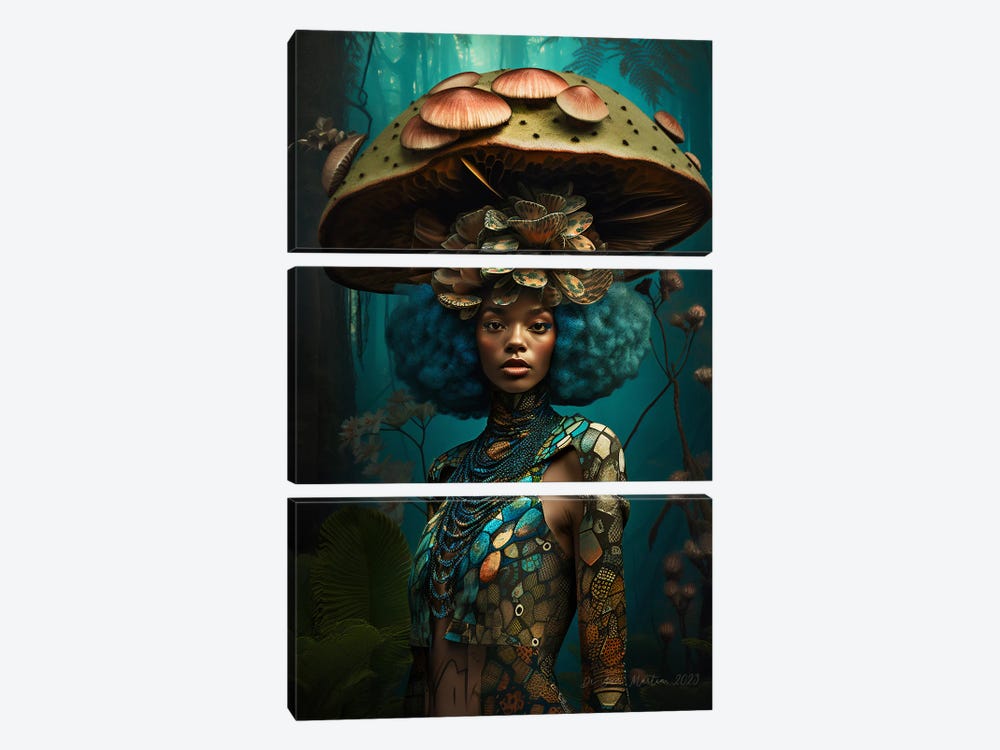 Retro Futurist African Woman - Mushrooms III by Digital Wild Art 3-piece Canvas Wall Art