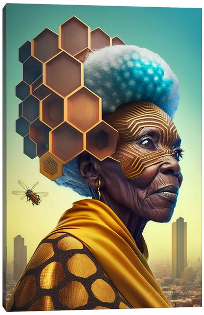 Afrofuturist African Black Grandma - Lady Hortense Honeycomb Canvas Art Print - Digital Wild Art