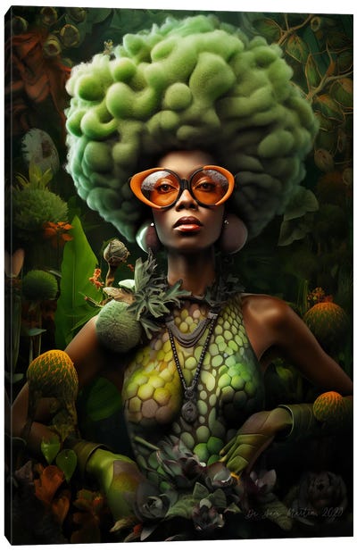 Retro Futurist African Woman - Mushrooms IV Canvas Art Print - Vegetable Art