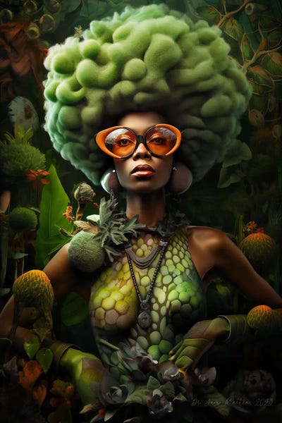 Green: Retro Futurist African Woman - Mushrooms IV by Digital Wild Art
