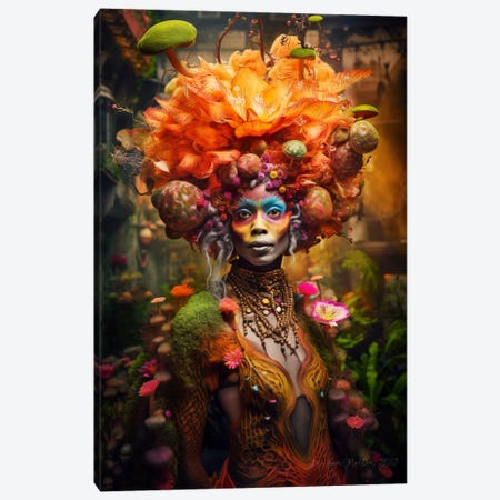 Retro Futurist African Woman - Mushrooms V Canvas Print #DGW91} by Digital Wild Art Canvas Artwork