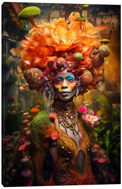 Retro Futurist African Woman - Mushrooms V Canvas Art Print - Mushroom Art