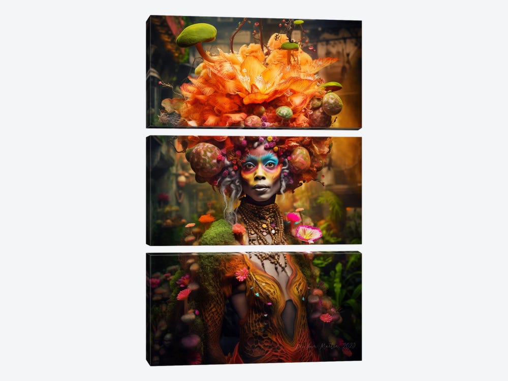 Retro Futurist African Woman - Mushrooms V by Digital Wild Art 3-piece Art Print