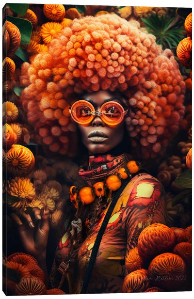 Retro Futurist African Woman - Mushrooms VI Canvas Art Print - Digital Wild Art