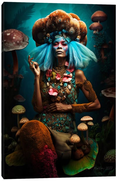 Retro Futurist African Woman - Mushrooms VII Canvas Art Print - Mushroom Art