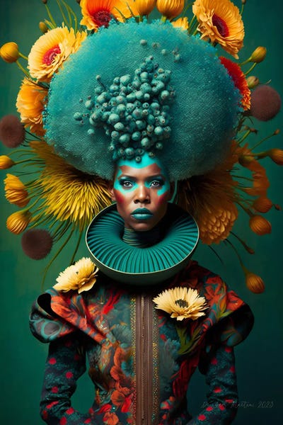 Teal: Retro Futurist African Woman - Mushrooms IX by Digital Wild Art