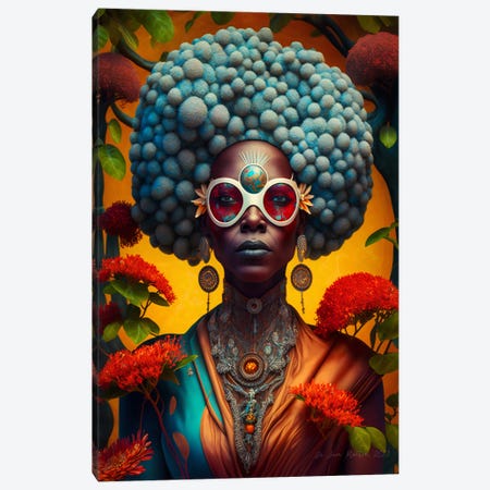 Retro Futurist African Woman - Mushrooms - X Canvas Print #DGW96} by Digital Wild Art Canvas Art Print