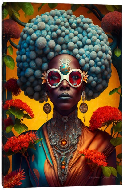 Retro Futurist African Woman - Mushrooms - X Canvas Art Print - Mushroom Art