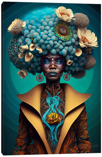 Retro Futurist African Woman - Mushrooms - XI Canvas Art Print - Mushroom Art