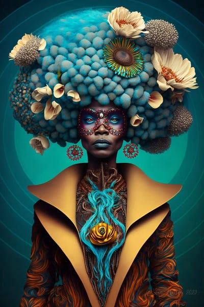 Teal: Retro Futurist African Woman - Mushrooms - XI by Digital Wild Art