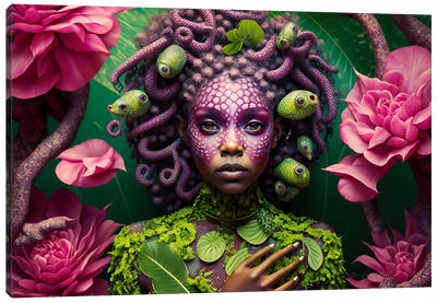 Retro Futurist African Woman - Reptiles I Canvas Art Print - Otherworldly Opulence