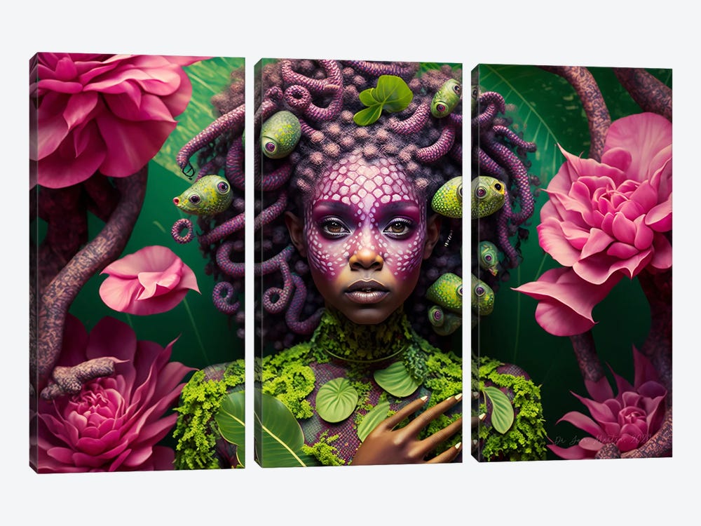 Retro Futurist African Woman - Reptiles I by Digital Wild Art 3-piece Canvas Art