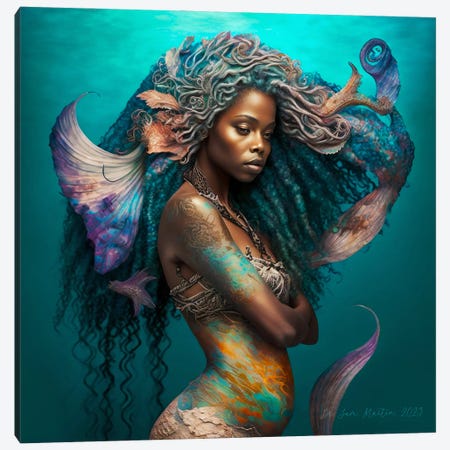 Afrofuturist African Black Mermaid I Canvas Print #DGW9} by Digital Wild Art Canvas Art Print