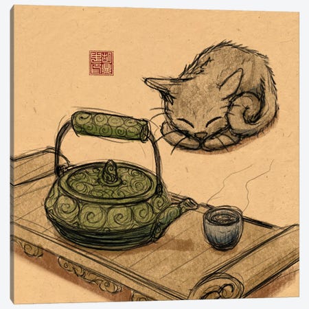 Tea Time Kitty Canvas Print #DGZ1} by Dingzhong Hu Canvas Art
