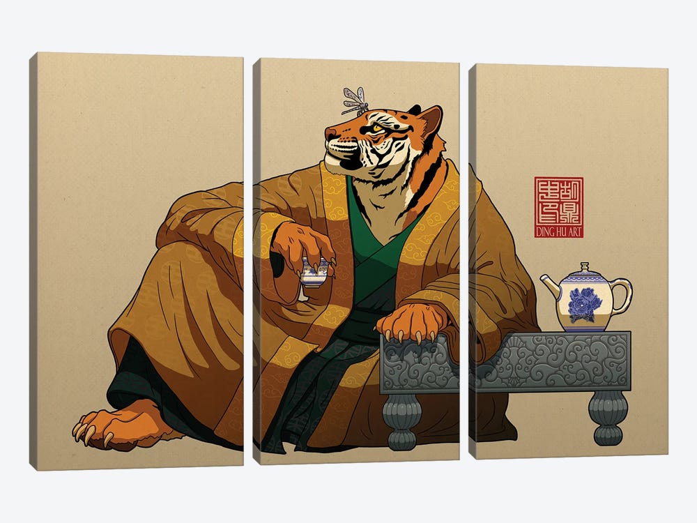 Lounging Tiger, Perching Dragonfly by Dingzhong Hu 3-piece Canvas Print