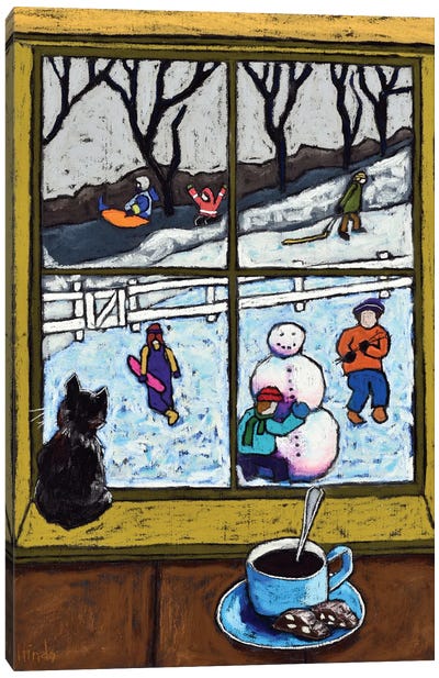 Winter Scene Of Children Playing Canvas Art Print - Snowman Art