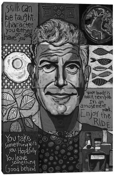 Anthony Bourdain Collage - Black and White Canvas Art Print - Celebrity Chefs