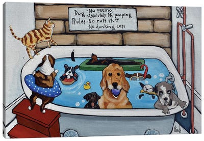 Nine Dogs And A Cat Canvas Art Print - Duck Art