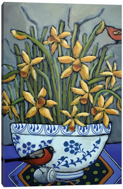 Birds And Daffodils Canvas Art Print - Daffodil Art