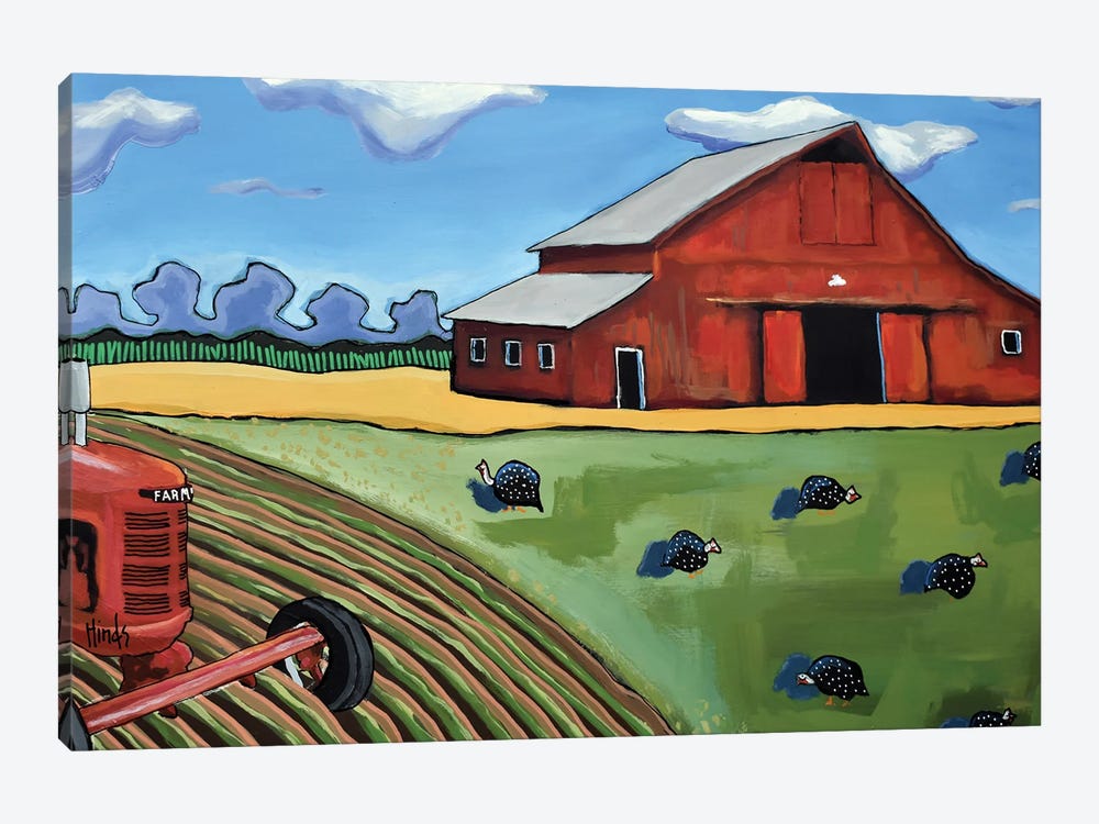 Old Red Barn With Guinea Fowl And A Farmall by David Hinds 1-piece Canvas Artwork