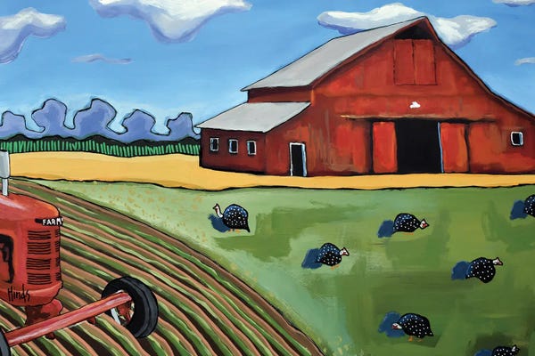 Barns: Old Red Barn With Guinea Fowl And A Farmall by David Hinds