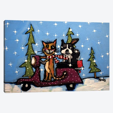 Christmas Cat And Dog On A Scooter Canvas Print #DHD386} by David Hinds Art Print