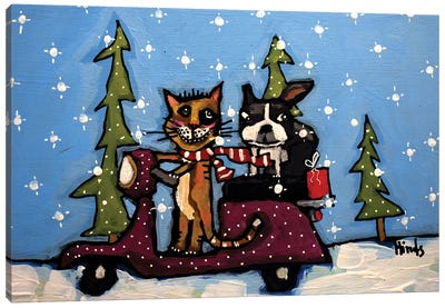 Christmas Cat And Dog On A Scooter Canvas Art Print - David Hinds