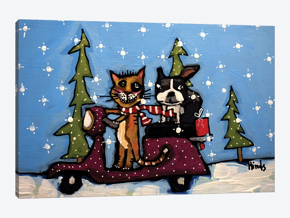 Christmas Cat And Dog On A Scooter by David Hinds 1-piece Canvas Print