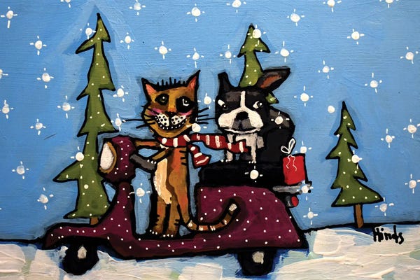 Scooters: Christmas Cat And Dog On A Scooter by David Hinds