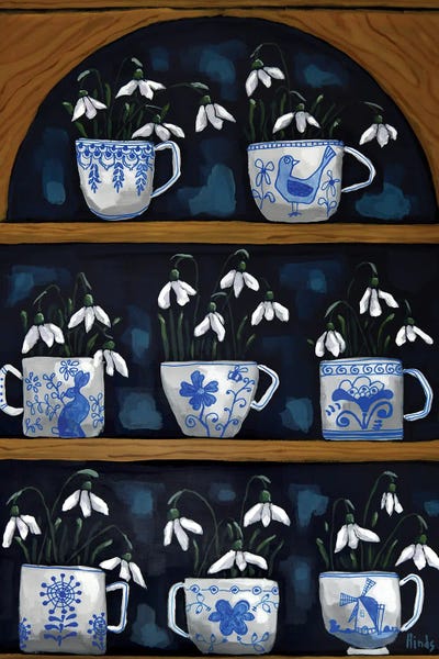 Snowdrops In Decorated Blue Pottery Cups