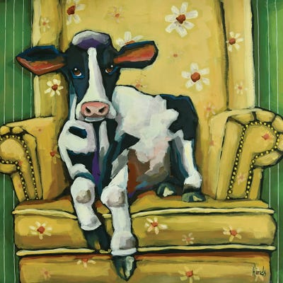 Celery - Canvas Prints: Holstein Calf In A Yellow Floral Chair by David Hinds