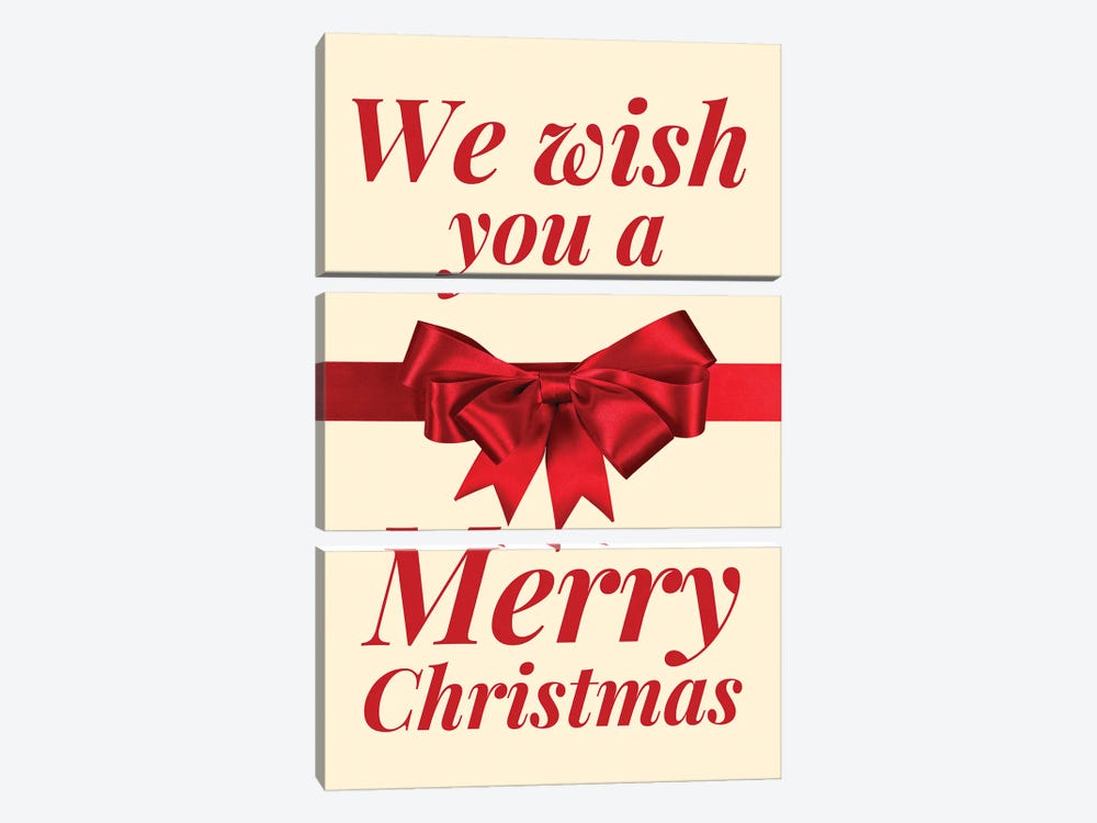Christmas Bow - We Wish You A Merry Christmas In Cream by Page Turner 3-piece Canvas Artwork