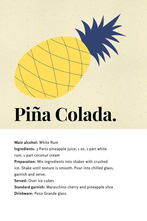 Pina Colada Cocktail Art - Recipe With Organic Abstract Pineapple Design