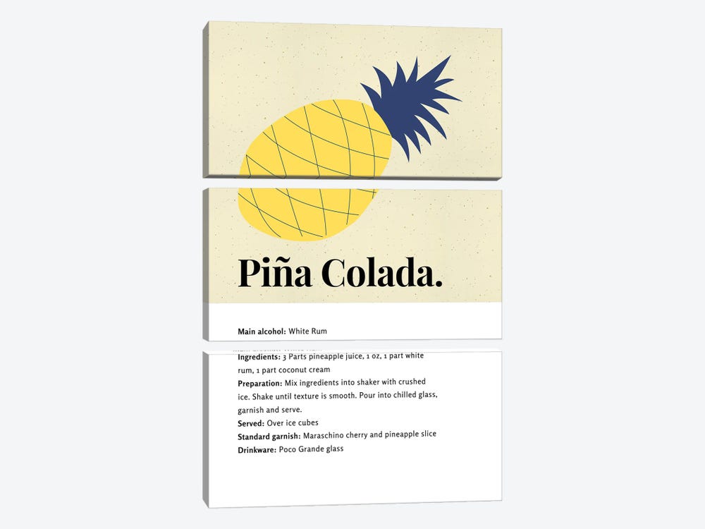 Pina Colada Cocktail Art - Recipe With Organic Abstract Pineapple Design by Page Turner 3-piece Canvas Wall Art