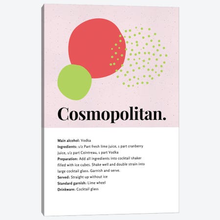 Cosmopolitan Cocktail Bar Art - Recipe With Organic Abstract Lime And Cranberry Design Canvas Print #DHV109} by Page Turner Canvas Artwork