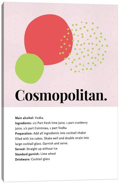 Cosmopolitan Cocktail Bar Art - Recipe With Organic Abstract Lime And Cranberry Design Canvas Art Print - Page Turner