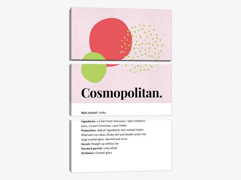 Cosmopolitan Cocktail Bar Art - Recipe With Organic Abstract Lime And Cranberry Design by Page Turner 3-piece Canvas Print