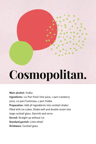 Cosmopolitan: Cosmopolitan Cocktail Bar Art - Recipe With Organic Abstract Lime And Cranberry Design by Page Turner