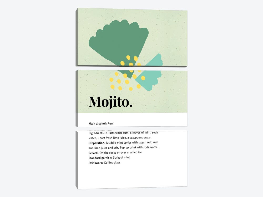 Mojito Cocktail Bar Art - Recipe With Organic Abstract Mint Leaf Design by Page Turner 3-piece Art Print