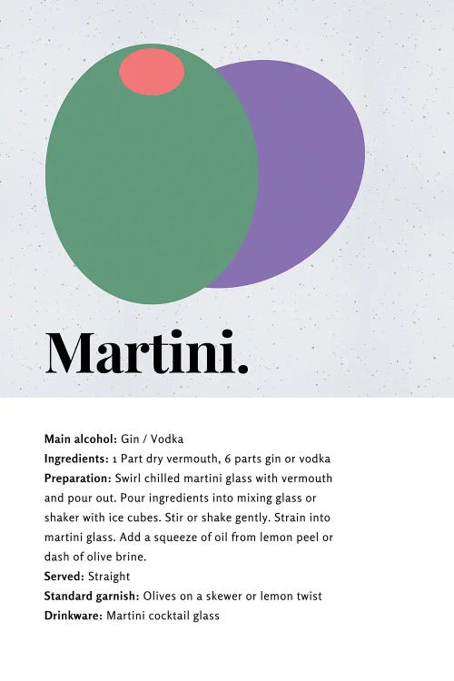 Martini Cocktail Bar Art - Recipe With Organic Abstract Olive Design