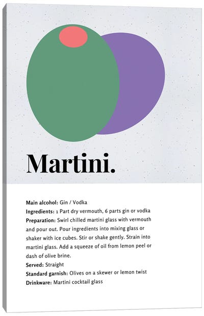 Martini Cocktail Bar Art - Recipe With Organic Abstract Olive Design Canvas Art Print - Martini