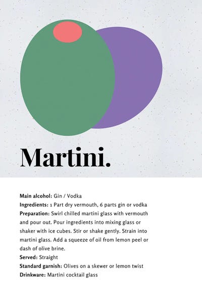 Martini Cocktail Bar Art - Recipe With Organic Abstract Olive Design