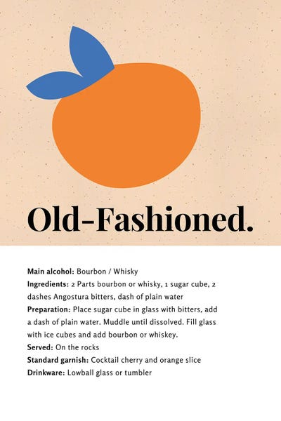 Old-Fashioned Cocktail Bar Art - Recipe With Organic Abstract Orange Design