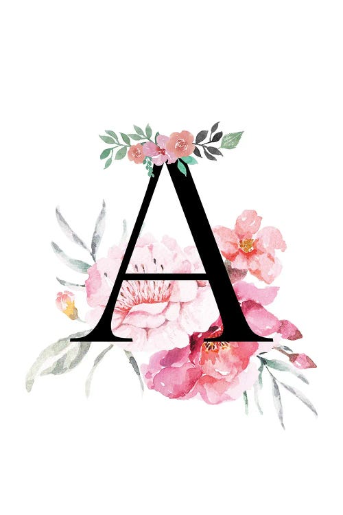 A' Initial Monogram with Watercolor Flowers by Design Harvest Fine Art Paper Print ( Education > Alphabet > Letter A art) - 24x16x.25