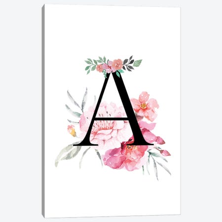 'A' Initial Monogram With Watercolor Flowers Canvas Print #DHV215} by Design Harvest Canvas Print