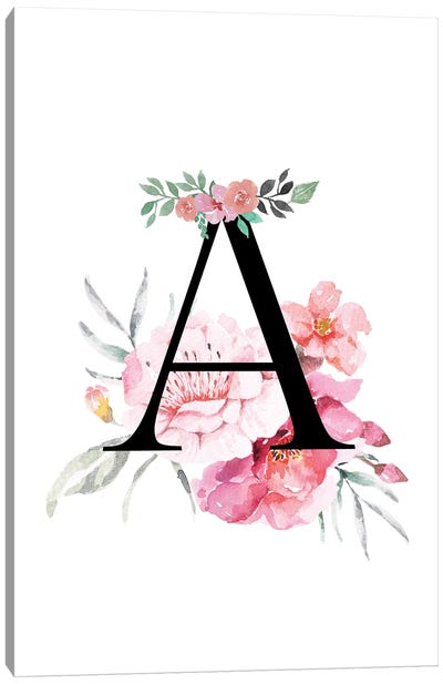'A' Initial Monogram With Watercolor Flowers Canvas Art Print - Letter A
