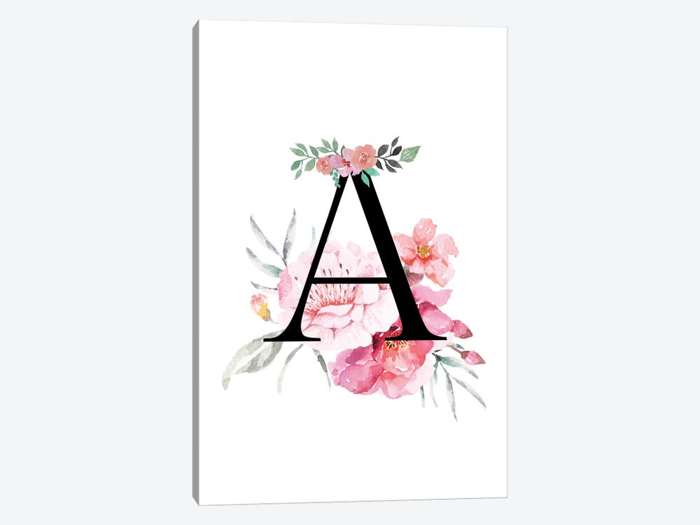 'A' Initial Monogram With Watercolor Flowers by Page Turner 1-piece Canvas Artwork
