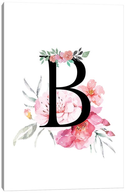 'B' Initial Monogram With Watercolor Flowers Canvas Art Print - Alphabet Art