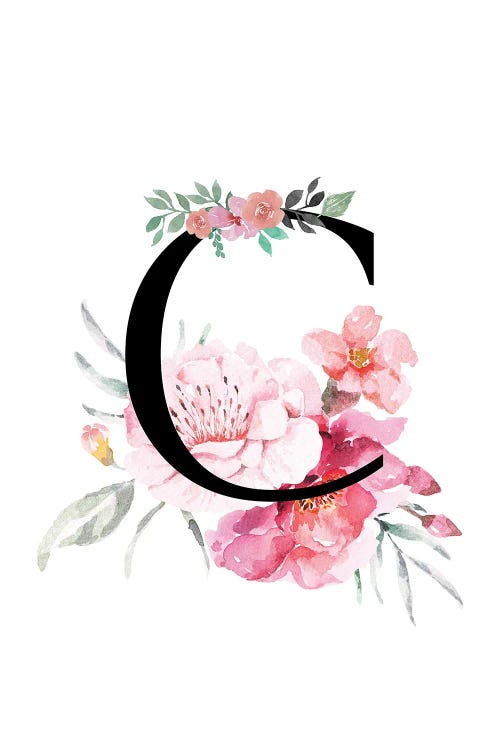 'C' Initial Monogram With Watercolor Flowers ... | Design Harvest | iCanvas