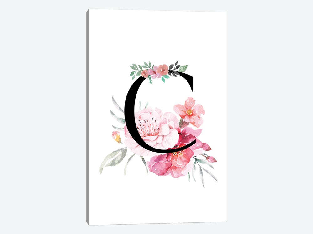 Watercolor Floral Monogram Letter C Classic Blue Decorated With